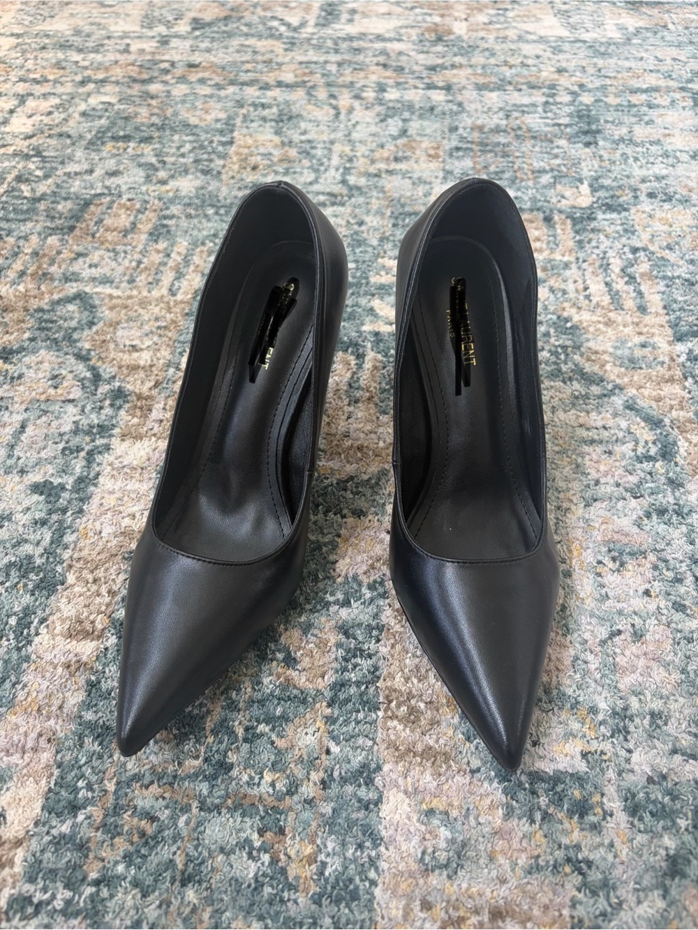 Designer Black Pointed Leather Pump with Sculptural Logo Heel - Picture 2 of 5